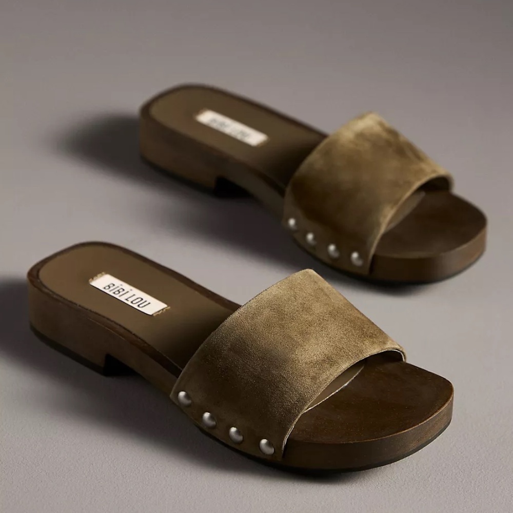 Anthropologie Bibi Lou leather wood bottom SLIDES